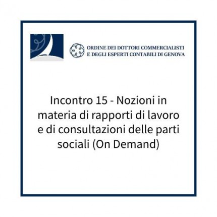 Incontro 15 - Nozioni in materia di rapporti di lavoro e di consultazioni delle parti sociali (On Demand) Incontro 15 - Nozioni in materia di rapporti di lavoro e di consultazioni delle parti sociali (On Demand)